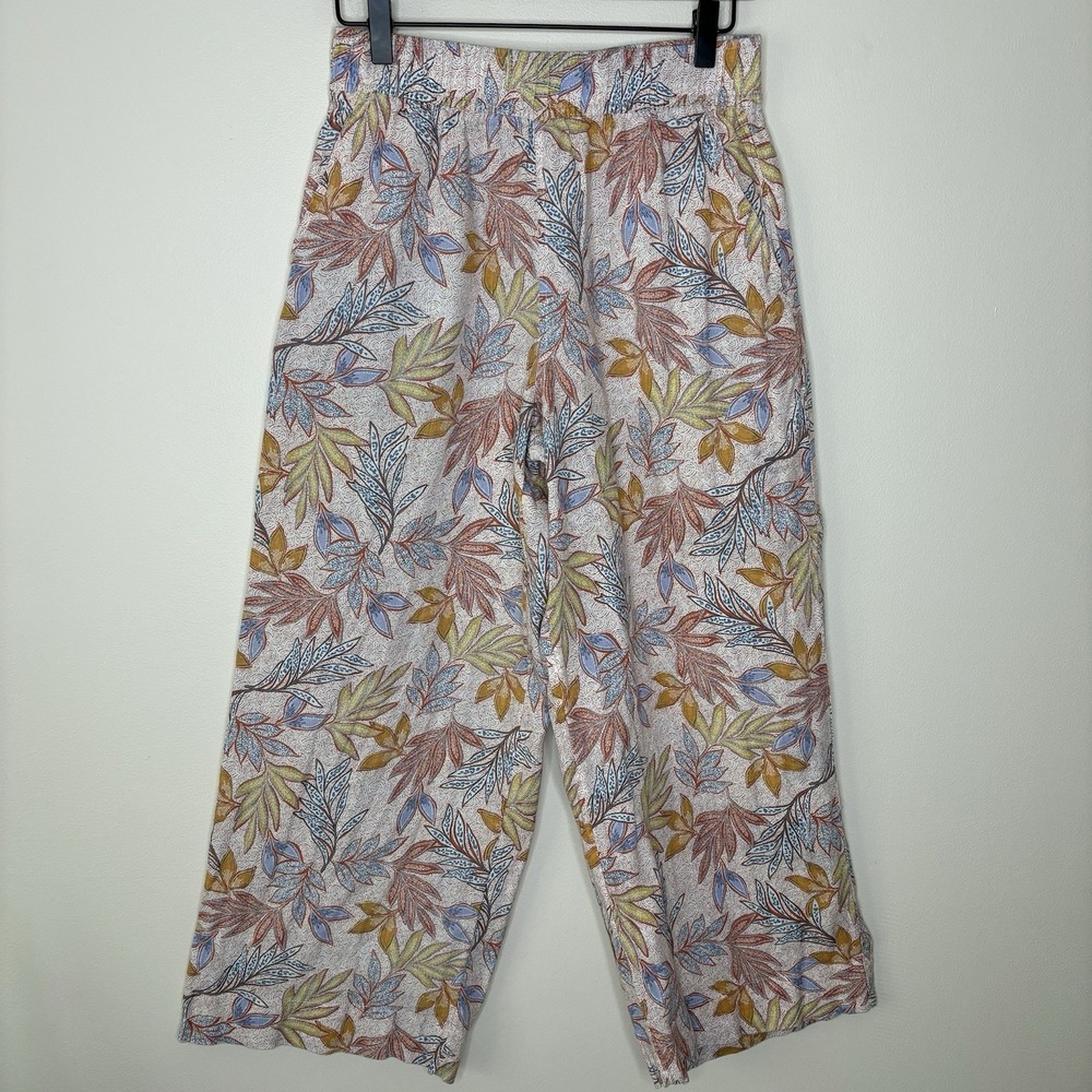 Linen Nicole Miller Tropical Floral Pink Small Wide Leg Pants Elastic Waist